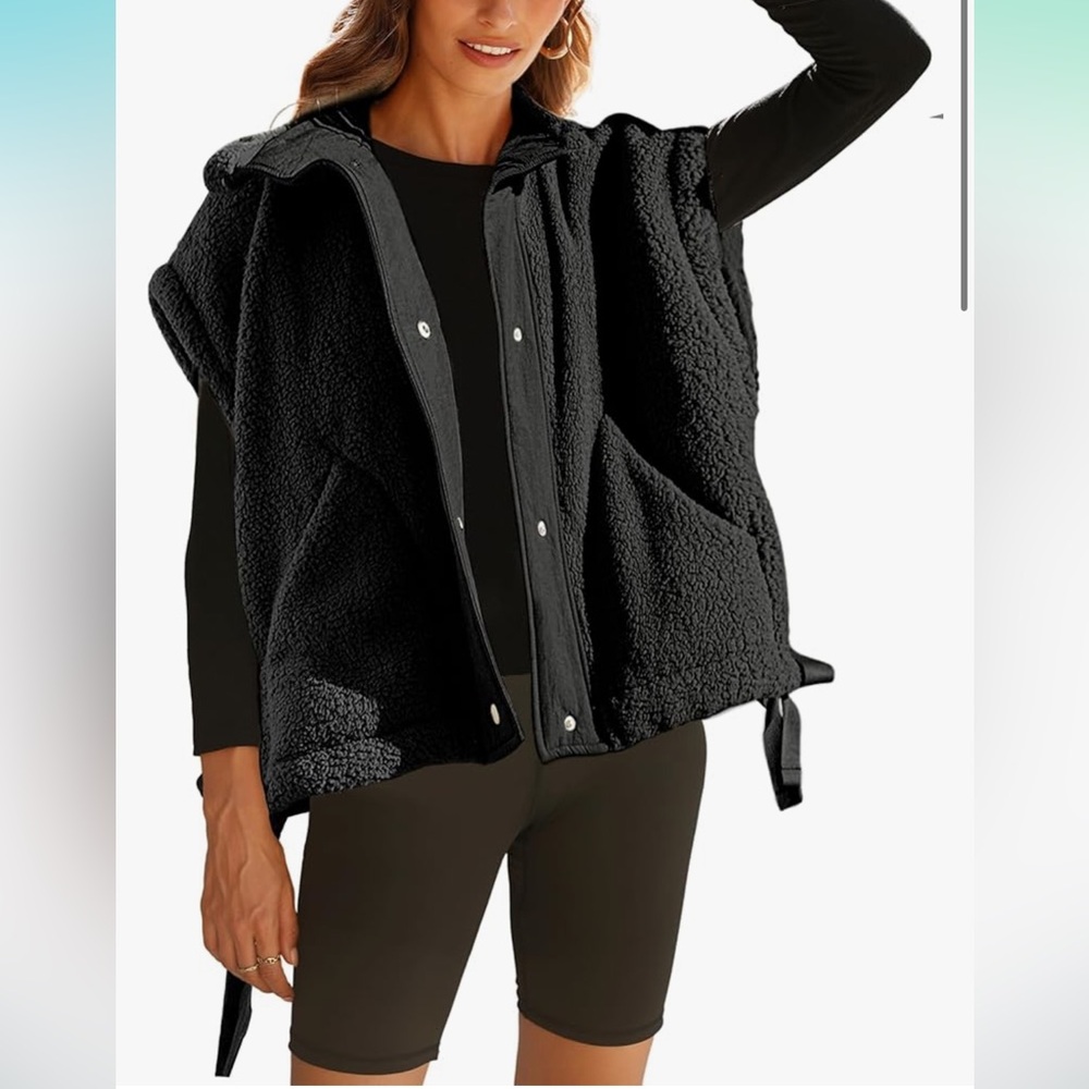 Black Sherpa Zip-Front Vest with Hood